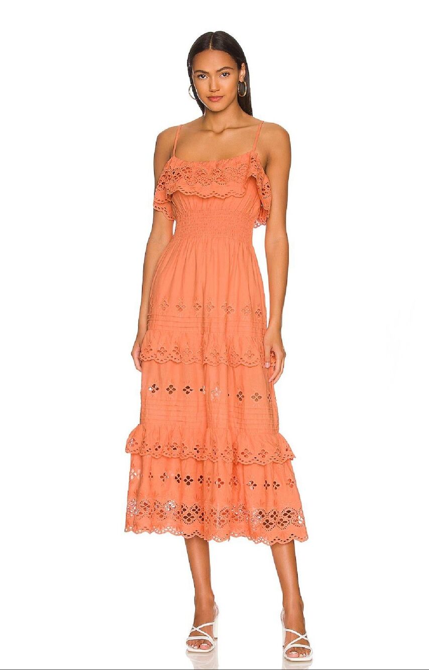 Lovers + Friends Dallas Peach Eyelet Crochet Tiered Cotton Midi Dress NWT XS